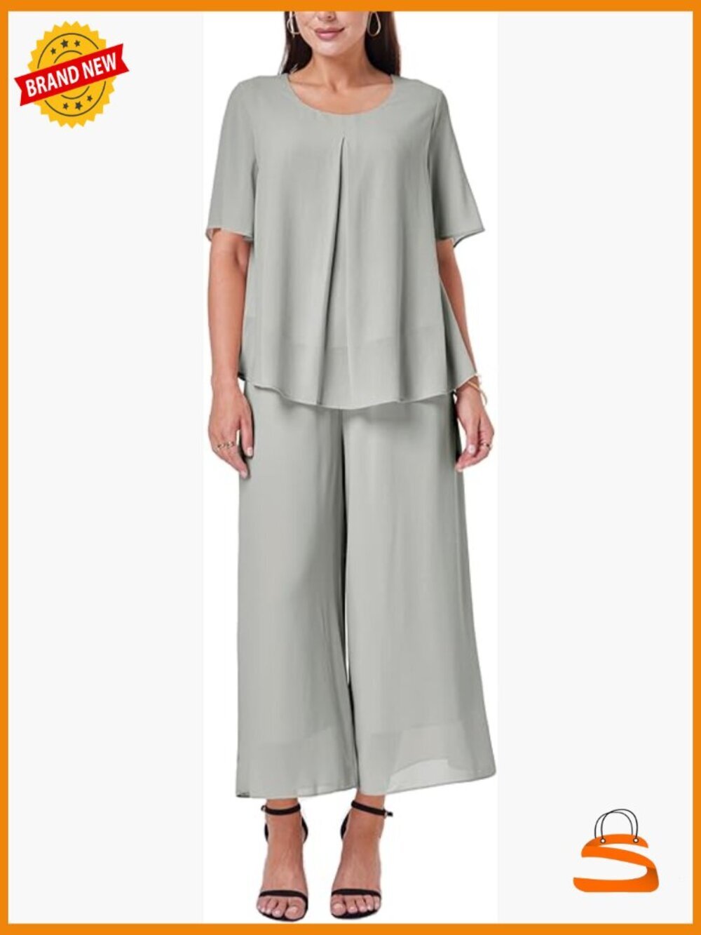 Two Piece Chiffon Pantsuit Set Double Layers Ruffle Blouse Wide Leg Pants